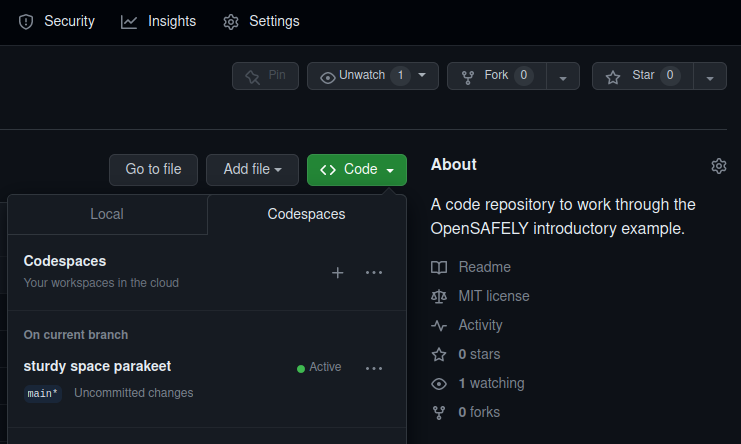 A screenshot showing the Codespaces panel for a code repository.