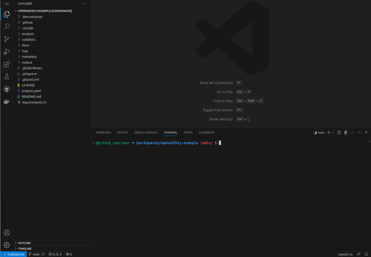 GitHub's codespace showing the editor, terminal and
Explorer.